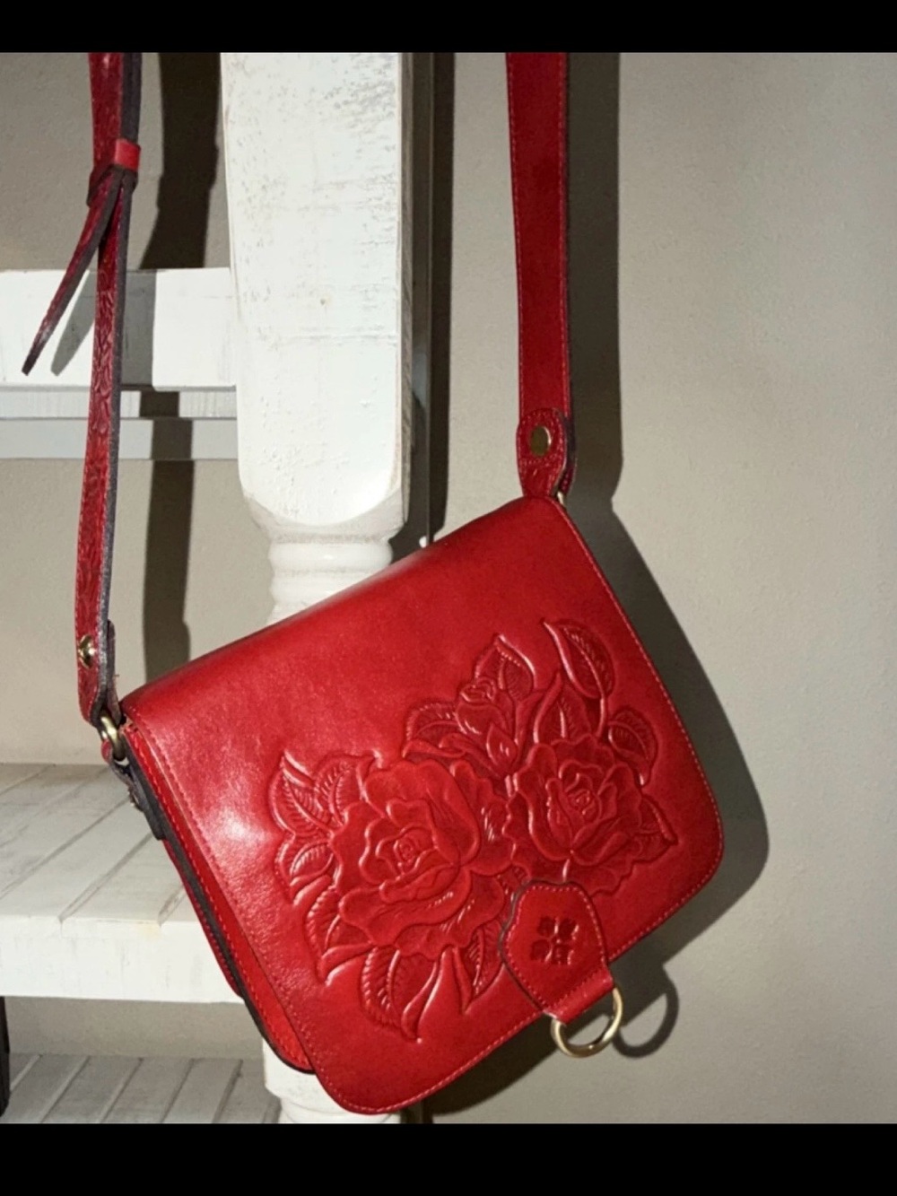 Patricia Nash Red Floral Embossed Leather Crossbody
